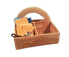 Quskto Rattan Cesta del almacenaje, Soporte del Mando a Distancia Rota la Cesta del almacenaje compartimientos Multifuncional Inicio del Organizador del almacenaje (Color : Natural, Size : 23x18cm)