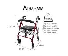 Mobiclinic Andador para Ancianos de 4 Ruedas | Rollator Deluxe Plegable | Regulable en Altura | Incluye Cesta | Precioso Color Burdeos | Peso máximo soportado 100 Kg | Modelo Alhambra