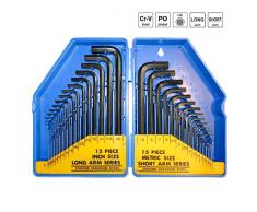 S&R Juego de llaves allen hexagonales Set 30 piezas HX, 0,7 a 10 mm métrico, 0.028 mm y de 3/8, pulgadas, en caja de plástico