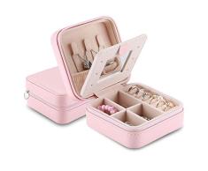 ProCase Estuche Joyero Pequeño, Mini Caja Almacenamiento Portable para Joyería, Organizador de Viaje de Doble Capa con Espejo para Joyas Collares Pendientes Aretes Pulseras Anillos -Rosado