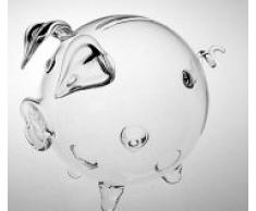 Alcancía, hucha, guaca, ladronera en forma de un cerdo de vidrio transparente, vidrio claro, ornamentales soplado con la boca, longitud circa 11 cm, alrededor de diámetro 8 cm, Oberstdorfer Glashütte