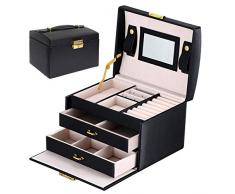 Asvert Caja joyería Organizador de Joyas Estuche de Joyas Cuero con Espejo 17.5x14x13cm, Organizador Visualización del Anillo de la Caja de Regalo,Negro
