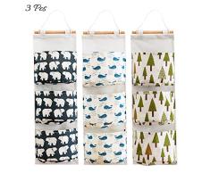 3Pz Bolsa de Almacenamiento Colgante Pared con 3 Bolsillo, AUHOTA Prima Tela Lino Colgando Organizador de Bolsas Encima los Puerta Armario para Cocina Dormitorio Baño-Impermeable (Oso/Árbol/Ballena)