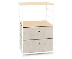 Suhu Cómoda Cajonera con 1 estantes 2 cajón Almacenaje Armario Tela Mesitas de Noche Mesa Auxiliar Cama Mesilla Sofa Comodas Cajones Gabinete Pequeño para Salon Dormitorio Madera+Metal Blanca+Beige