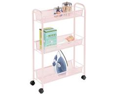 mDesign Estantería con Ruedas para lavadero – Compacto Mueble Auxiliar para Guardar detergente, quitamanchas, etc. – Práctico Carro de lavandería en Metal con Tres estantes Estrechos – Rosa Claro