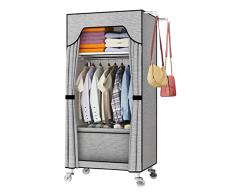 LHY SAVE Armario De Tela Guardarropa Tela con Rueda Universal,Armario De Tela Engrosado con Estantes Y Riel Colgante para Dormitorio, Sala De Estar,Gris,M