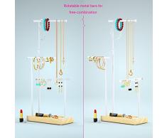 JDS055 – Soporte de cadena – 3 varillas giratorio (Max Altura 51 cm), madera árbol Cadena Soporte Reloj Soporte Almacenamiento joyería para collares, pendientes, anillos, relojes y pulseras (Natural Madera Joyas Estante)