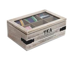 Caja para té con ventana y 6 compartimentos, 24 x 16 x 8 cm, color natural/negro, caja de madera, caja para té