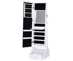 HOMCOM Espejo Joyero de Pie Armario de Joyería con Luces LED Cerradura Cajones Espejo y Mesa Interior Abatible para Comésticos 45x36x150cm