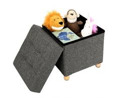 SONGMICS Puff Baúl Plegable Cuadrado Taburete de Almacenamiento Tapizado en Esponja con Patas de Madera Maciza con TapaGris Oscuro LSF14GYZ