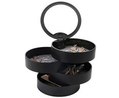 Allinside Caja Joyero Organizador con Espejo para Mujer Niña, Caja para Joyas de Almacenamiento de 4 Niveles para Anillos Aretes Pendientes Pulseras Collares, Negra