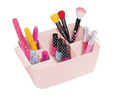 mDesign Organizador de maquillaje para lavabo o tocador – Pequeña caja con compartimentos para guardar cosméticos en plástico sin BPA – Modernos contenedores plásticos con 8 divisiones – rosa