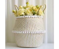 Maceta para Flor SUNNSEAN Plegable de Maceta Seagrass Cesta de Mimbre Maceta Plegable Cesta Sucia Canasta de Almacenamiento Decoración Maceteros (BlancoB, 32×28cm)