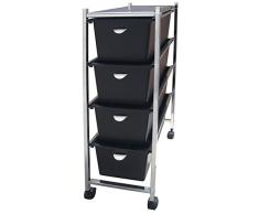 Laroom Carrito Estrecho 4 cajones, Chrome Acero Inoxidable Structure y PP Drawers, Negro