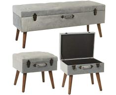 DRW Set de 3 Banquetas Arcon Pie de Cama de Madera y Tela en Celeste 120x41x51cm, 48x38x44cm y 48x38x44cm