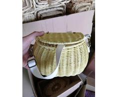 Cesta De Almacenamiento De Bicicleta De Ratán para Niños Cesta De Picnic Linda Mochila De Paja De Mimbre Bolso De Hombro De Playa De Verano para Niña Multiuso-Color Amarillo_L23Cm L15Cm A13Cm