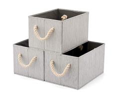 EZOWare 3 pcs Cajas de Almacenaje, Caja Decorativa de Tela Plegable Resistente con Manijas para Ropa, Juguetes, Armario, Dormitorio, Estanterías y Mas - Color Gris Natural