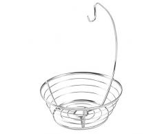 InterDesign Axis Canasta de frutas con gancho para colgar los plátanos, frutero con soporte para plátanos de alambre de metal, plateado