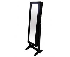 Todeco - Mueble para Joyas con Espejo, Organizador con Espejo, Soporte de suelo, Material: MDF, Negro, Tamaño del espejo: 1086 x 255 x 3 mm - 120 x 38 x 9 cm