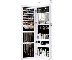 LANGRIA Espejo Joyero de Pared con Marco Estrecho y con Espejo Interior Iluminado con 10 Luces LED Moderno Armario para Pared o Puerta para Organizar Collares Anillos Pulseras Pendientes (Blanco)