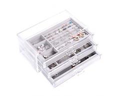 IvyH Joyero - 3 Cajones - Diseño de Terciopelo - Transparente - Organizador de Acrílico de Joyería para Mujeres y Niñas - Soporte para Collar y Pulsera con Anillo de Pendiente