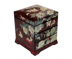 Madre de Perla Mariposa flor rojo lacado madera cajón Joyero joyería caja cofre del tesoro