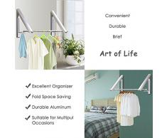 LIVEHITOP Plegable Perchero de Pared 2 Piezas, Abatible Aluminio Ropa Percha Organizador con Ganchos y Tubo para Sala, Cuarto, Baño, Balcón, Oficina, Ahorra Espacio