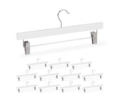 Relaxdays Pack de 12 Perchas Pantalones o Faldas con Pinzas, Clips con Goma, Madera-Hierro, 35,5 cm de Ancho, Blanco