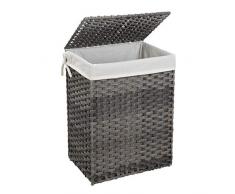 SONGMICS Cesto de la Ropa Sucia de 90 L, Tejido a Mano, Cesto de la Lavandería de Ratán Sintético con Tapa y Asas, Plegable, Bolsa de Forro Extraíble, Gris LCB51WG