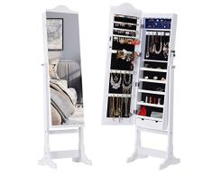 LANGRIA Espejo Joyero de Pie con Espejo Extra Ancho Armario Lacado para Anillos Pendientes Collares con Interior Aterciopelado Luces LED 2 Cajones y Cerradura (41 x 36 x 157 cm, Blanco)