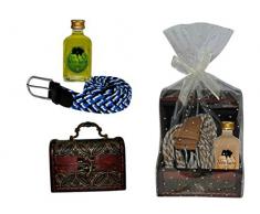 Lote de 5 Baúles de Madera Clasicos con Botella de Licor Mini (a Elegir) y Cinturón en Bolsa de Celofán. Detalles de Bodas y Eventos.(12,5 x 9 cm.)(12 cm. - 5 cl.) (Arroz con Leche)