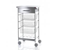 Verdulero de 3 cestas con cajón, ruedas de diseño y tapa en acero inoxidable.