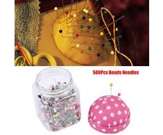 500 Piezas Alfileres Rectos de Cabeza de Perla Redonda de Coser con Alfiletero y Caja Plásticos para Manualidades de Costura y Decoraciones（Plastico）