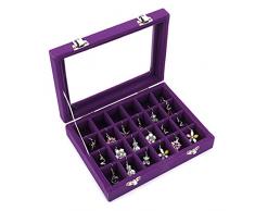Ivos 24 compartimentos Terciopelo anillo caja caja aretes anillo joyería caja bandeja caja de joyería (púrpura)