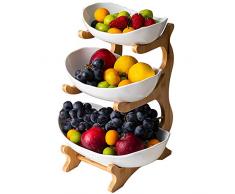 Frutero De 3 Niveles (Estante De Bambú Y Madera * 1, Plato De CeráMica * 3), DecoracióN De Mesa Canasta De Frutas, Para Fruta,Pan, Snacks,White