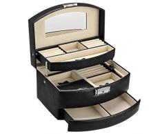 SONGMICS Joyero, Caja de Joyas, Estuche de 3 Niveles, Organizador de Joyas con Cierre y Espejo, Estuche de Viaje Portátil para Anillos, Pulseras, Pendientes, Forro de Terciopelo, Negro JBC213BK