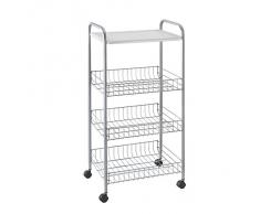 Metaltex Atlanta Carro Multiuso con Ruedas, Tres Estantes y Bandeja Superior, Metal, Plateado, 39x30x84 cm