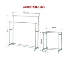 Tatkraft Big Party Doble Burro Ropa, Perchero con Ruedas, Perchero Burro con 2 Barras Extensible, Altura y Ancho Ajustables 95-161,5 X 44 X 96,5-166cm, Plástico, Acero Cromado