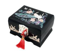 Joyero con Madreperla Diseño Pavo Real Madera Negra Pájaro Espejo Mujeres Cofre de Joyería Regalo Musical Asiático Caja Lacrada Organizador