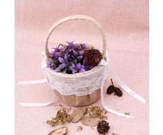 Kofun boda flor Cesta, Vintage rústico romántico con lazo de cinta de raso rosa flores niña cesta para boda ceremonia fiesta con encaje decoración