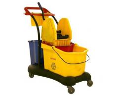 Chiner - Carro de fregado completo profesional Compact. Sistema de fregado profesional con prensa, doble cubeta auxiliar, cestillo para accesorios, barra y ruedas de transporte.