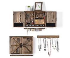 Sunix Joyero Grande de Madera Rústico, Organizador de Joyería con Puerta de Granero de Madera, para Collares, Aretes, Pulseras con Pulsera de Varilla Extraíble, Incluye Organizador de Gancho