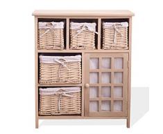 Rebecca Mobili Aparador Multiusos Ahorra Espacio, cómoda con 1 Puerta, 5 cestas de Mimbre, paulonia, Beige, Estilo Country, Muebles baño Cocina - Medidas: 70x60x30 cm (AxANxF) - Art. RE4444