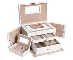 SONGMICS Caja Joyero con Espejo y Cajones, Caja para Joyas, para Pendientes, Pulseras, Anillos, Almacenamiento y Expositor, Organizador Joyero con Cerradura, Blanco JBC121W