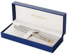 Waterman Expert - Pluma estilográfica en caja de regalo (plumín bañado en oro de punta mediana), acabado en acero inoxidable cepillado con detalles chapados en oro