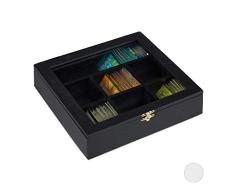 Relaxdays 10027981_46 Caja para Té e Infusiones, Siete Compartimentos, para 100 Bolsitas, 6 x 25 x 25.5 cm, 1 Ud, Negro