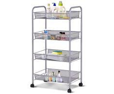 COSTWAY Trolley 4 Niveles Carro Auxiliar Multiuso con Ruedas Carrito Servicio para Cocina Baño (Gris de platero)