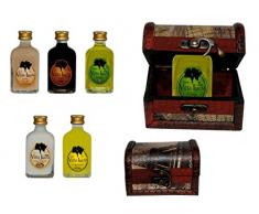 Lote de 10 Botellas de Licor Mini (Sabores a Elegir) en Baúl de Madera "Mapas" Clásico. Detalles de Bodas y Eventos. (Arroz con Leche)