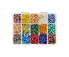 PandaHall 7500pcs 15 Color 8/0 Cuentas de Semillas de Vidrio 3mm Cuentas Forradas de Plata con Caja de contenedor para Hacer Joyas