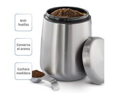 Xavax Bote para café molido o en granos, recipiente hermético para conservar el aroma, bote de almacenamiento de acero inoxidable plateado y cuchara medidora, 1,8 L